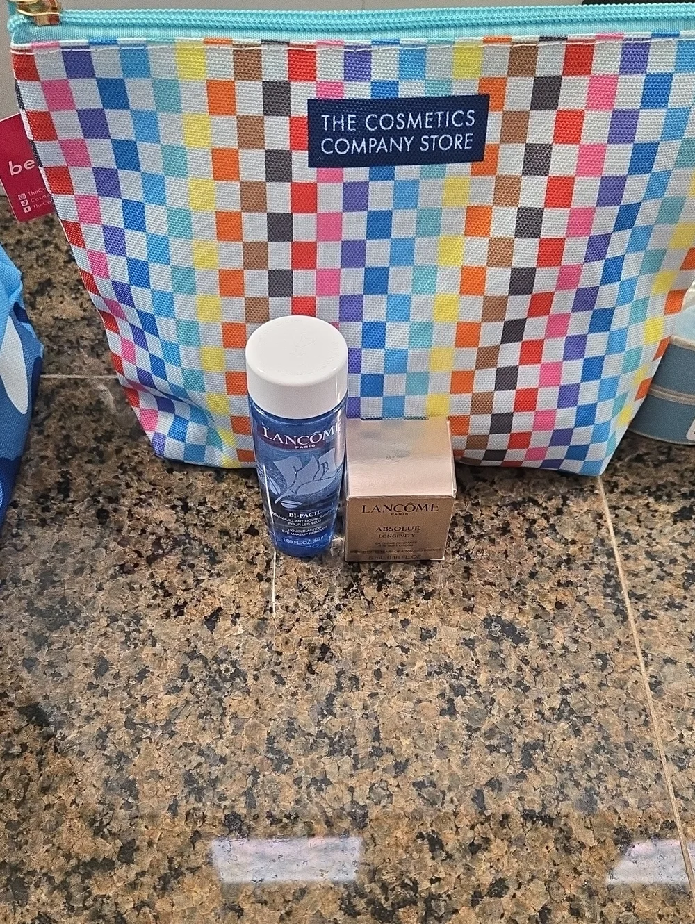 Lancome Skin Care Set with Multicolor Cosmetic Bag - Blue Bottle